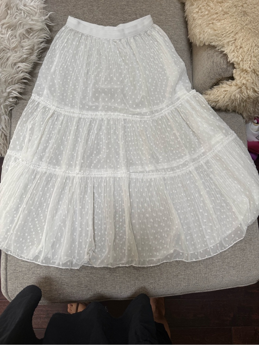 White Swiss Dot Tiered Midi Skirt